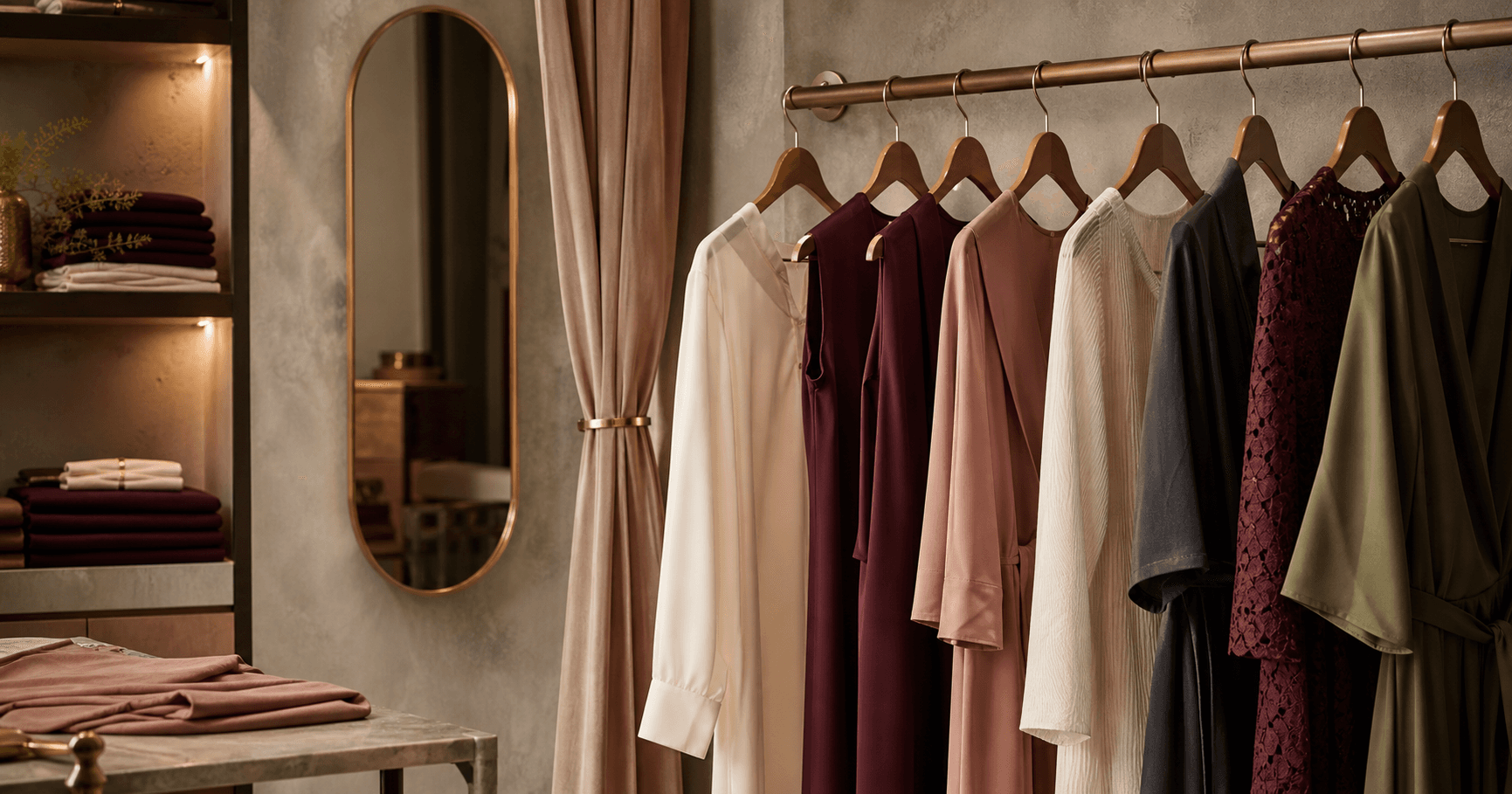 Arara de roupas femininas selecionadas em um atelier elegante